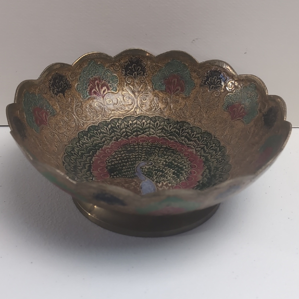 Decorative Solid Brass Pedestal Bowl with Peacock Design Made in India